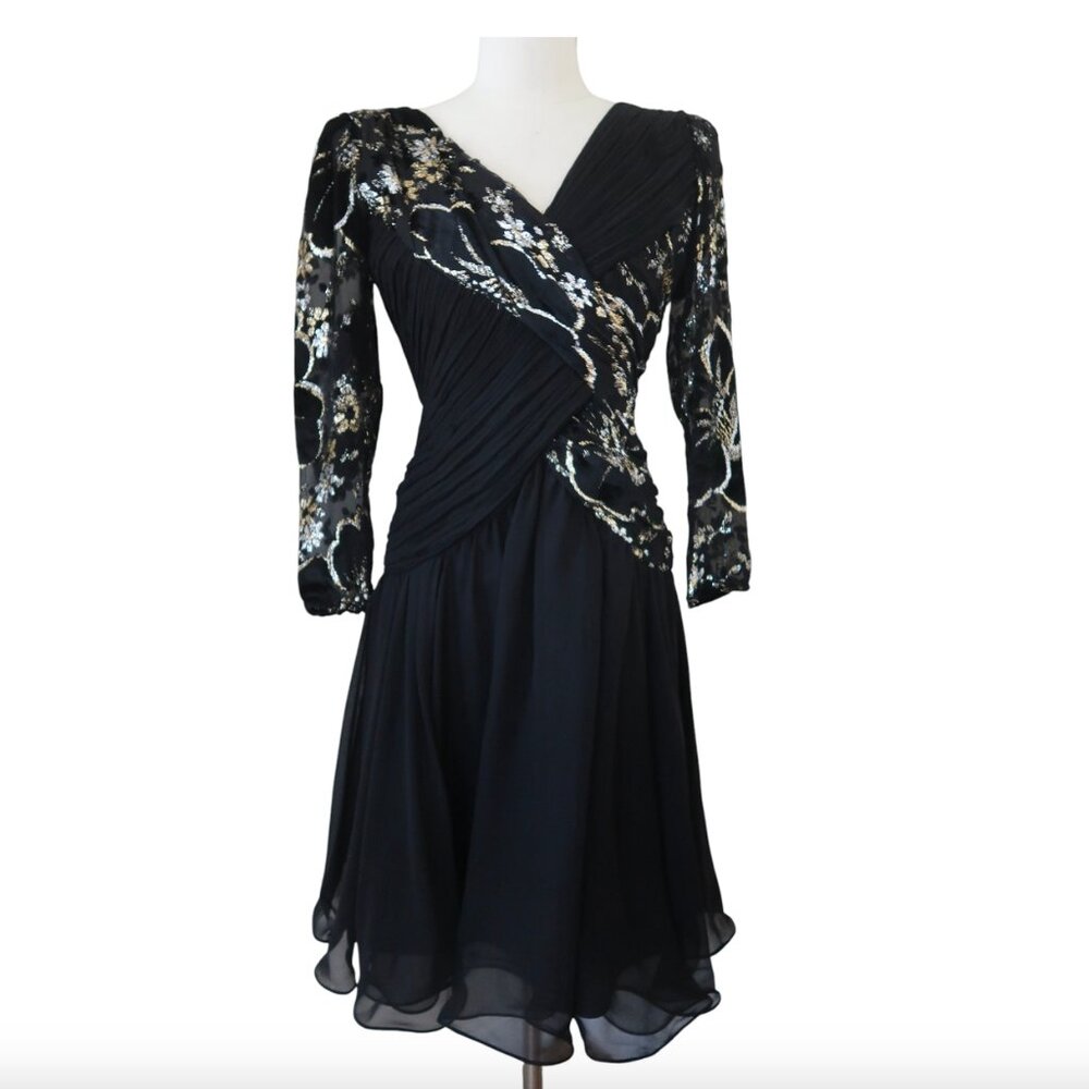 vtg 80s MIGNON Black & metallic fit & flare cocktail dress sz 6